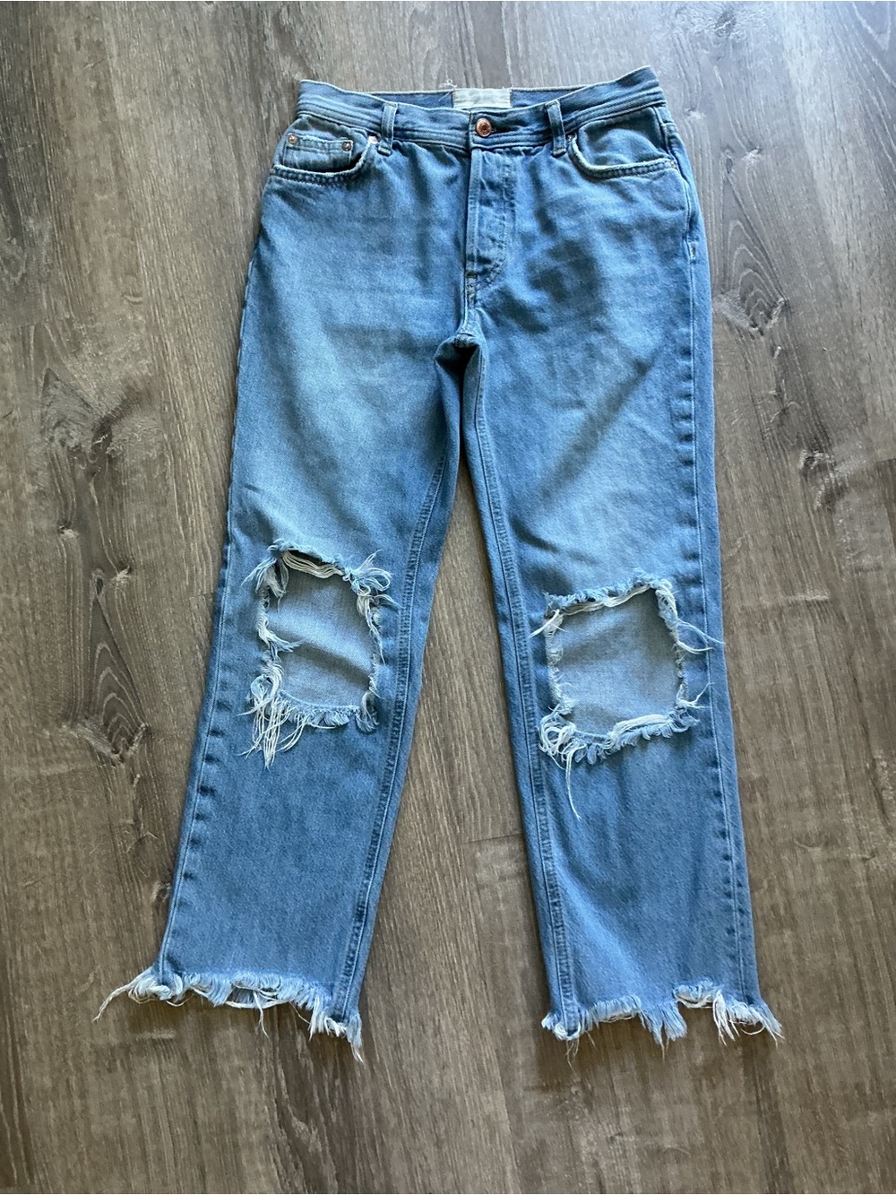 We the Free Maggie Mid-rise Frayed Hem Straight Leg Jeans with Knee Rips